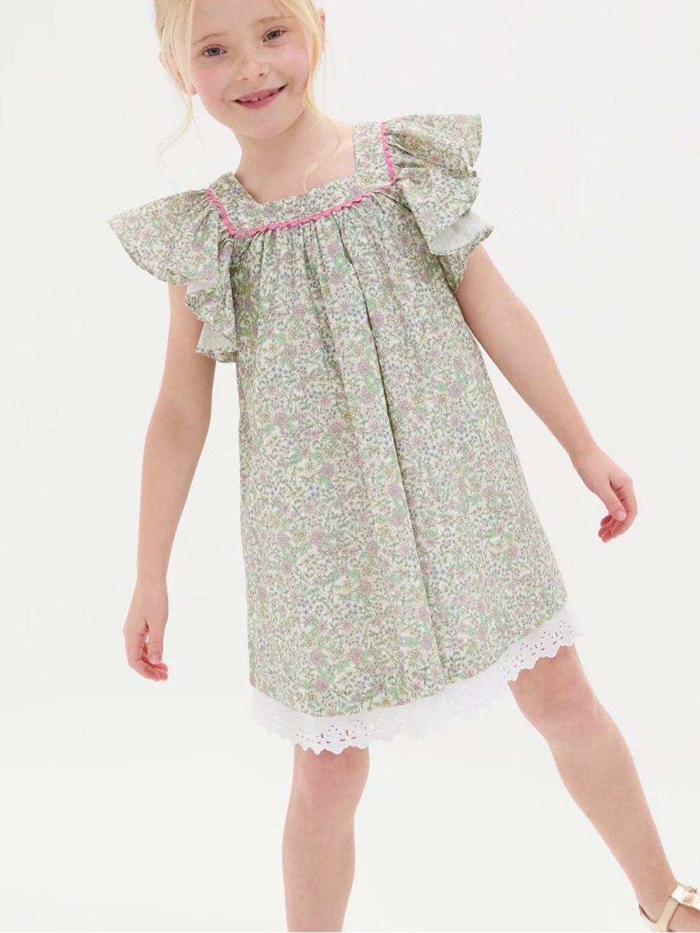 La coqueta pink and green floral eyelet trim flutter sleeve dress girls 6 years